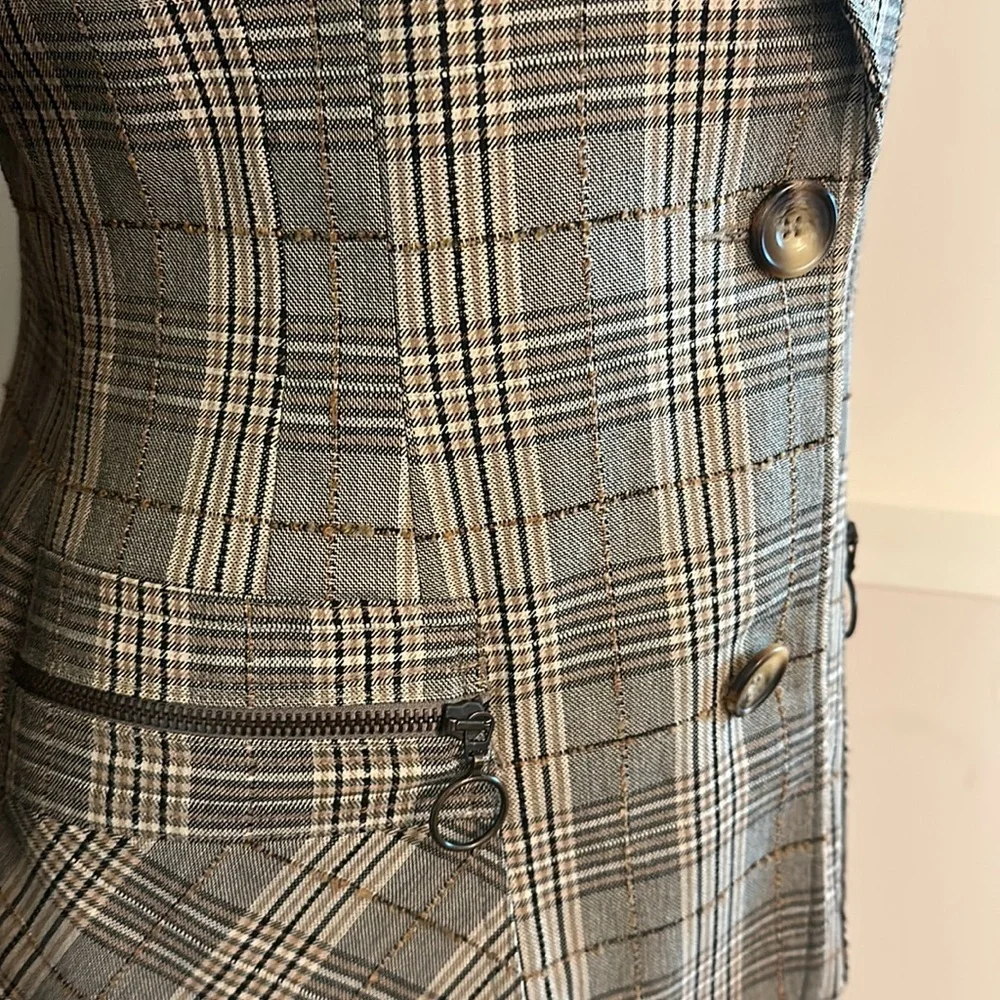 H&M | Vintage Neutral Brown Tan Plaid Blazer Large Lapel Button Down Coat - Picture 3 of 11